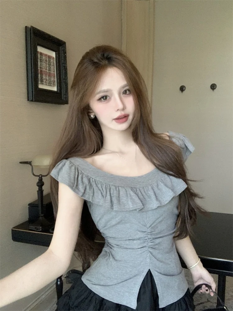 Плюс размер Pure Desire Frill Темпераментный облегающий топ с открытыми плечами на талии