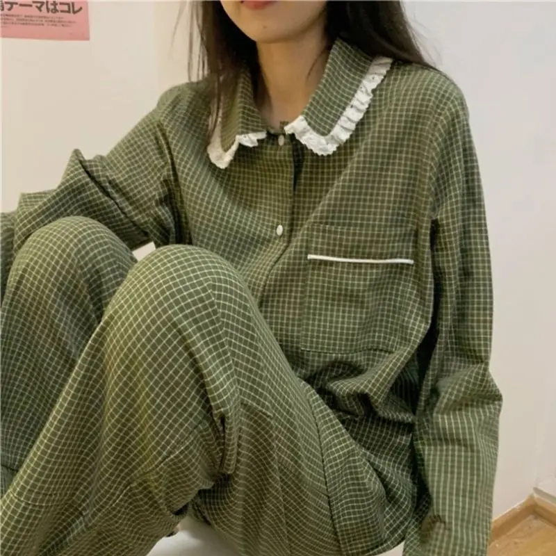Plaid Casual Pajama Sets Women Single Breasted Ins Japan Turn-down Collar Nightwear Spring Autumn Elastic Waist Homewear New