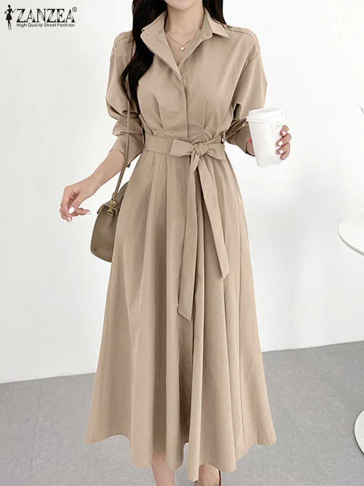 

ZANZEA Elegant OL Dress Women Long Sleeve Lapel Neck Vestidos Office Sundress Causal A Line Belted Dresses Solid Color Midi Robe