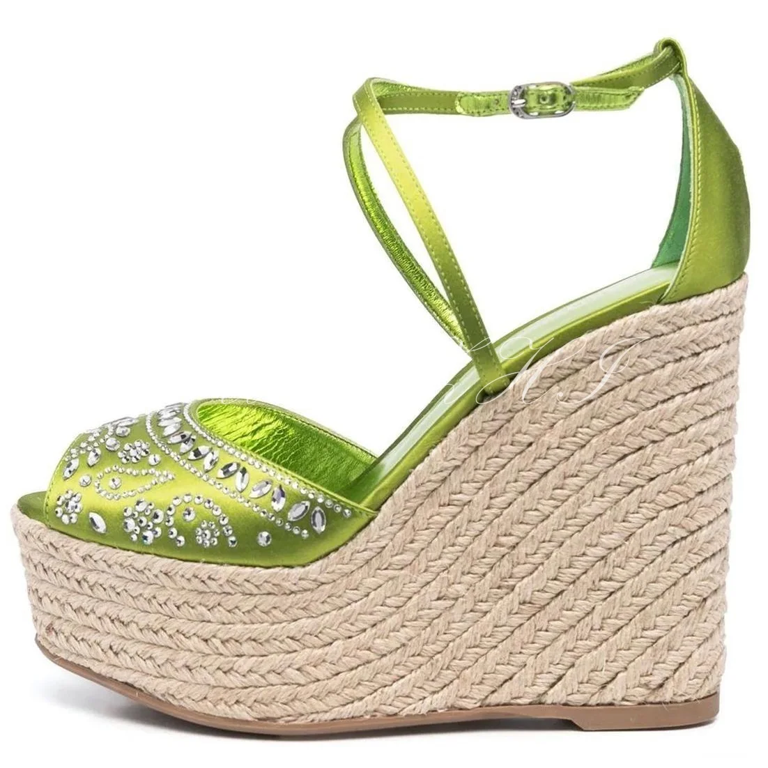 Pink Drop Diamond High Wedge Sandals Peep Toe Green Silk Satin Glossy Cover Heel Platform Cross Strap Design Buckle Women Shoes