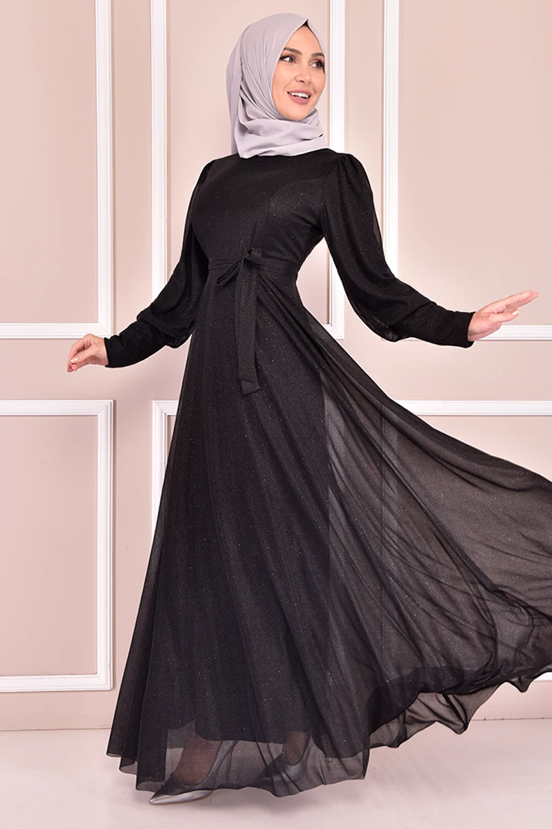 Серебристое платье с поясом, Черное женское платье Дубай, абайя, Турция, хиджаб, осенняя однотонная мусульманская одежда с длинным рукавом, ...