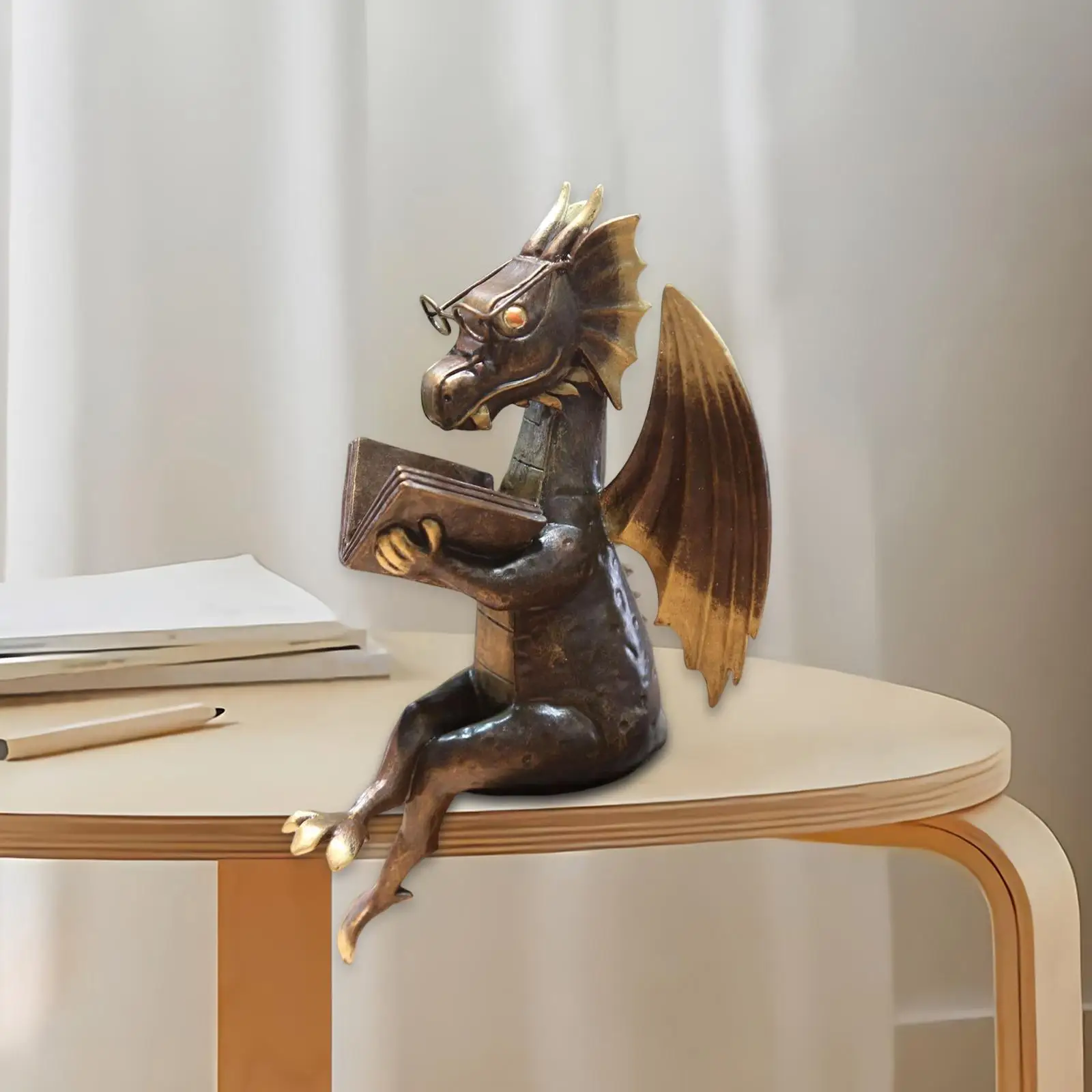 

Dragon Reading Book Statue Decor Landscaping Figurine Dragon Sculpture for Desktop