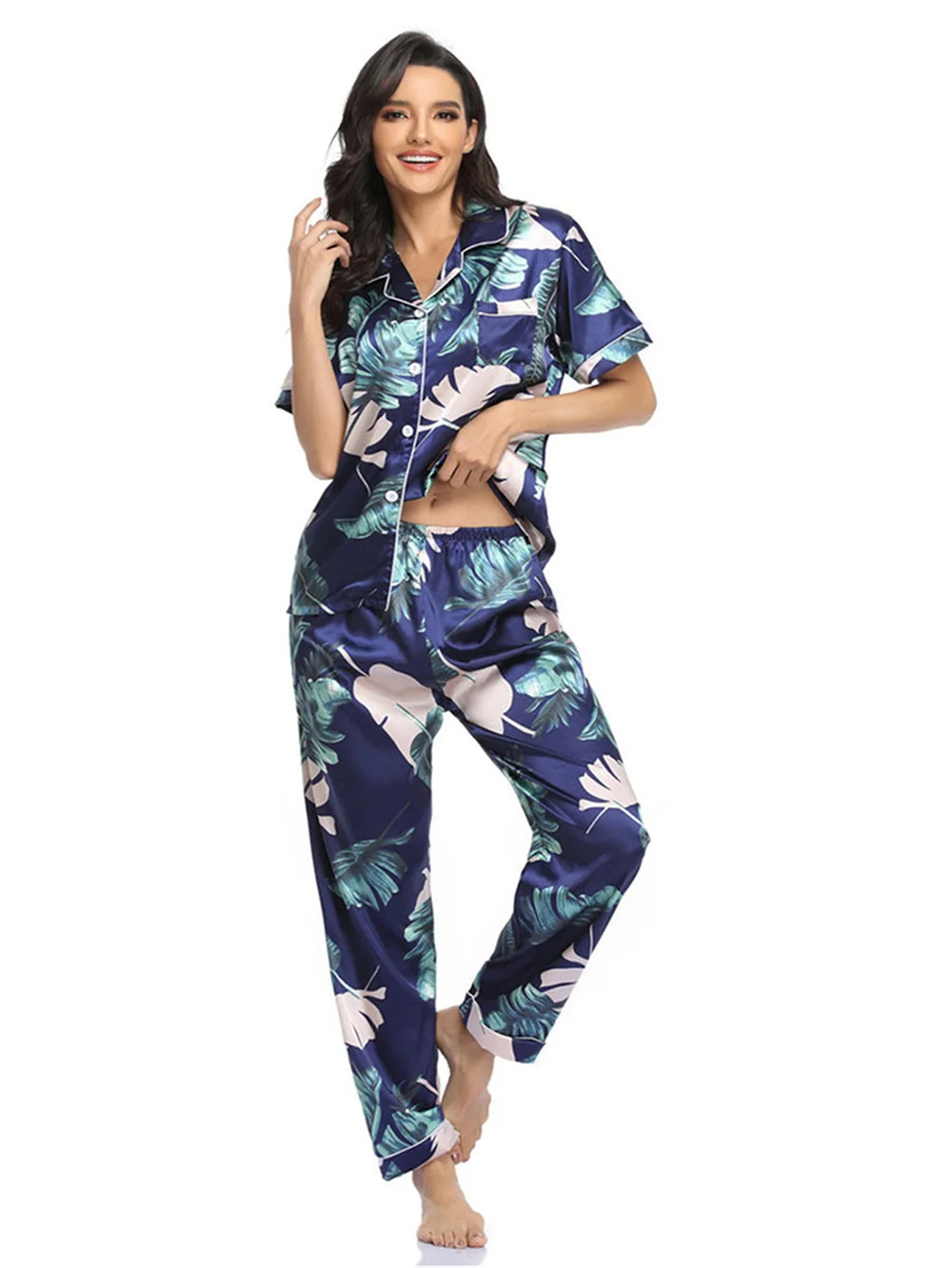 Women's Loose Loungewear Floral Print Button Down Pajamas Set Short Sleeve Nightwear Pants Sleepwear  Pjs Sets Homewear Summer
