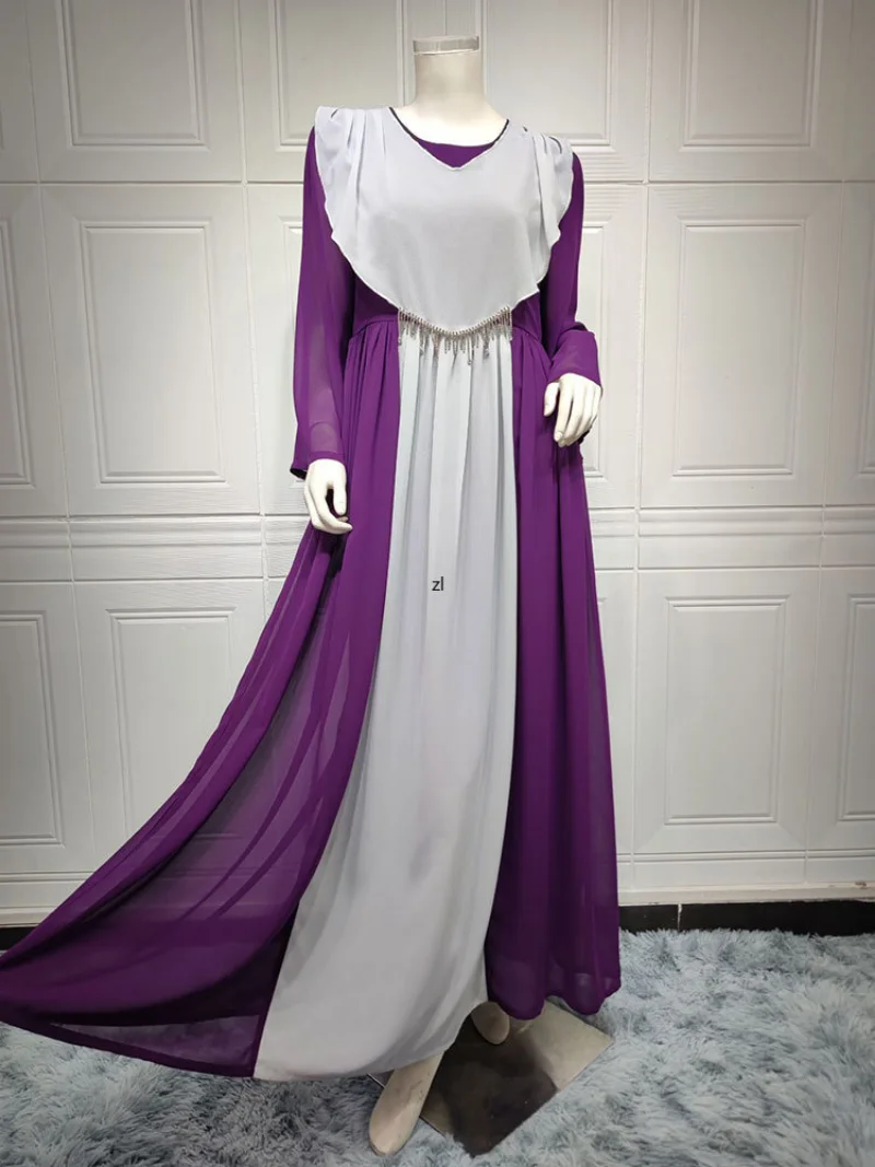 Chiffon Abaya Arabic Long Dress Women Patchwork Beaded Tassel  Lined Muslim Moroccan Kaftan Gulf Jalabiya Turkish Modest Abayas
