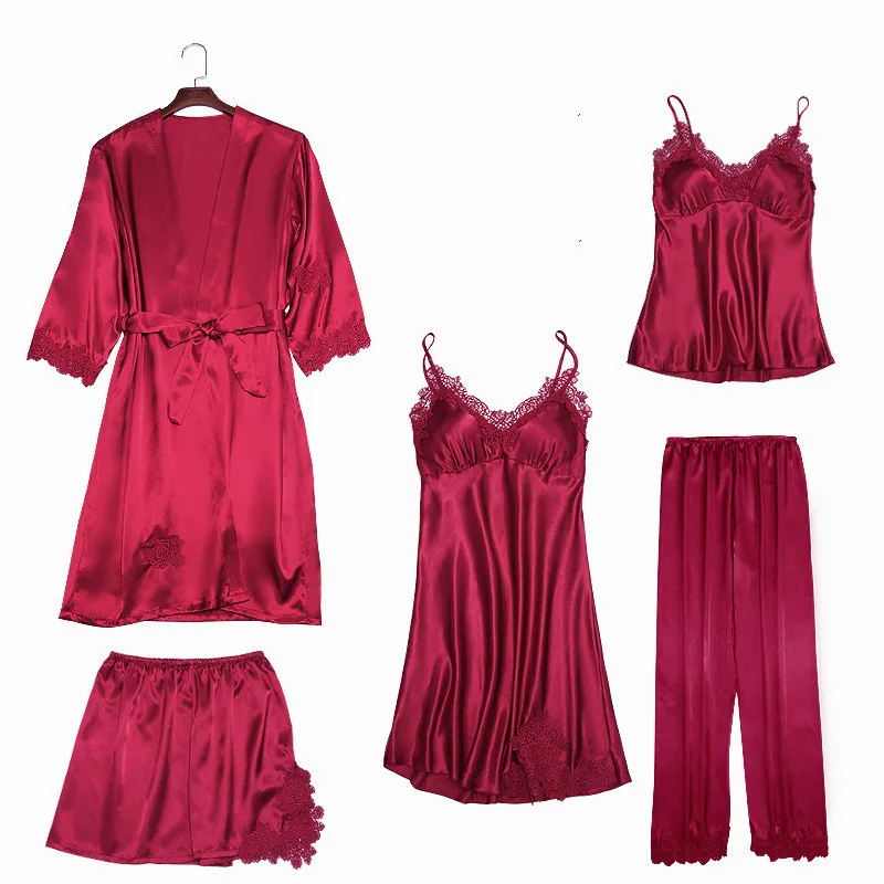 5PCS Ice Silk Robe Sets Women's Pajamas, Bathrobe & Night Dress Home Suit Dressing Gown for Women