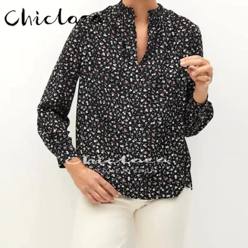 

CHICLAZA 2022 Spring Autumn Women Fashion Floral Print Long Sleeve Shirt Tops Lady V-neck Loose Casual Blouse
