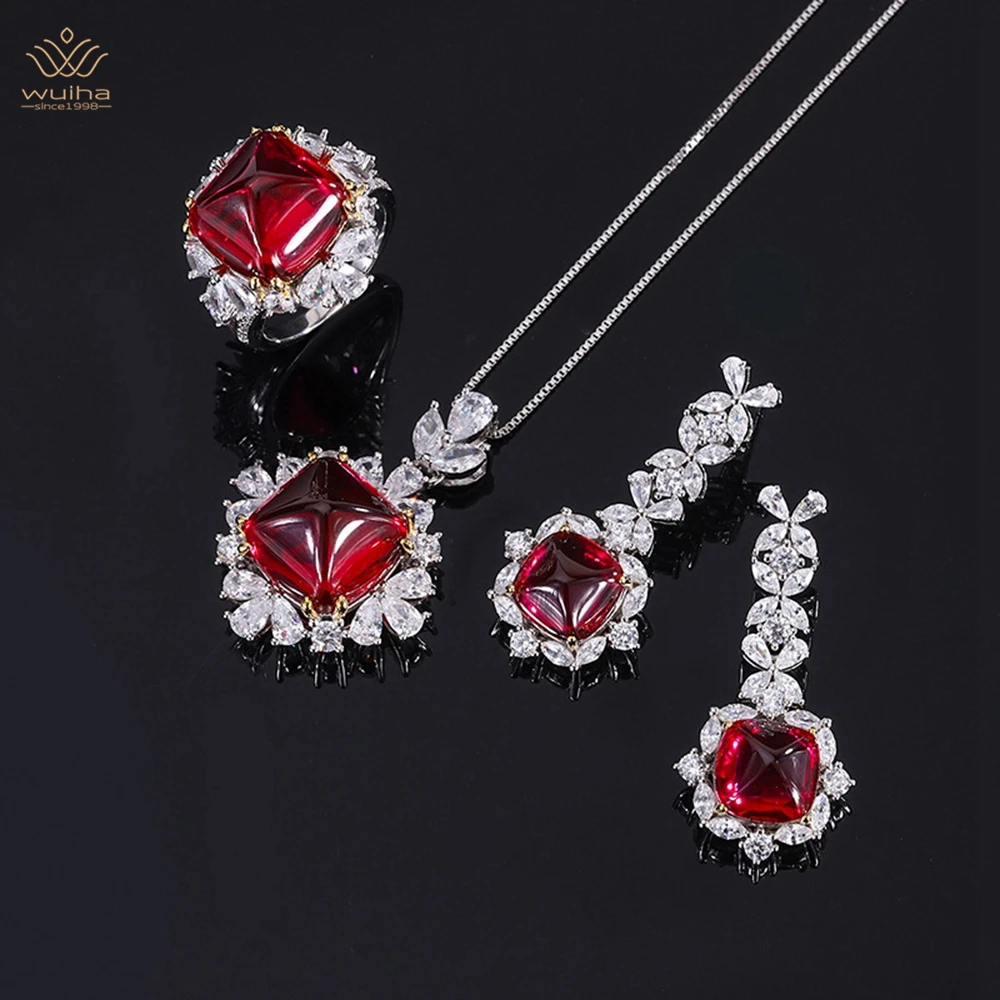 

WUIHA Luxury 925 Sterling Silver 14*14MM Ruby Sapphire Courndum Ring/Earrings/Pendant/Necklace Anniversary Jewelry Set Wholesale