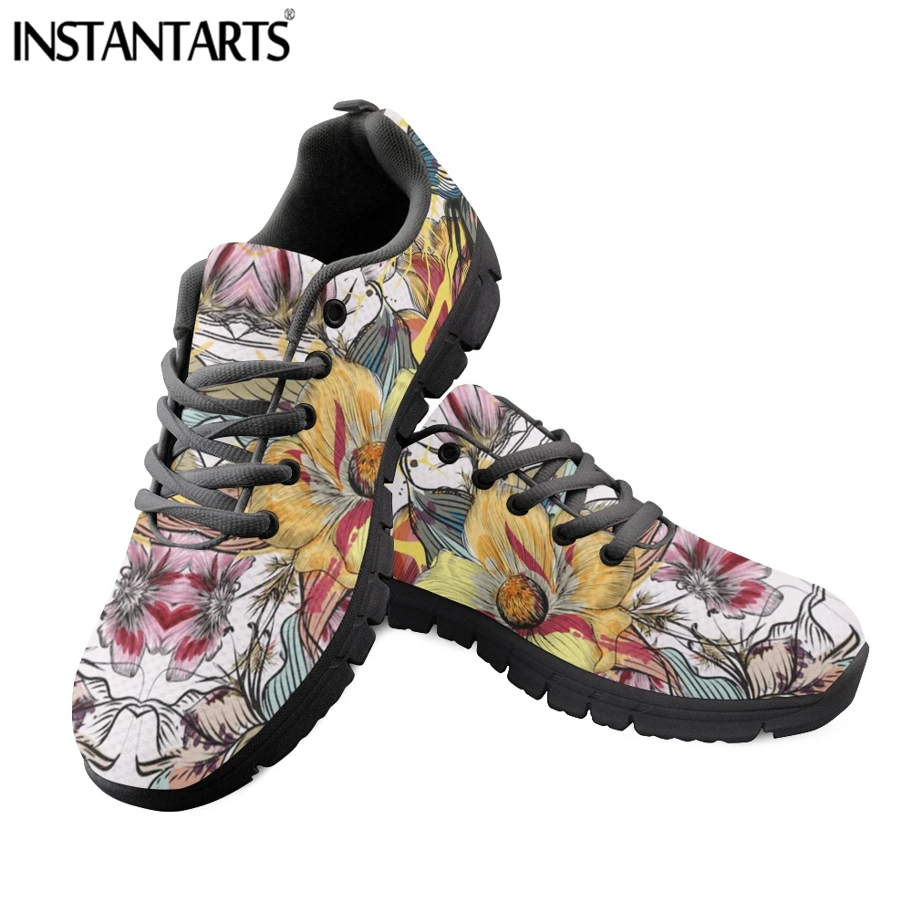 

INSTANTARTS Spring Soft Breathable Casual Flat Shoes for Women Outdoor Pretty Flower Printed Lace up Mesh Sneakers Zapatillas