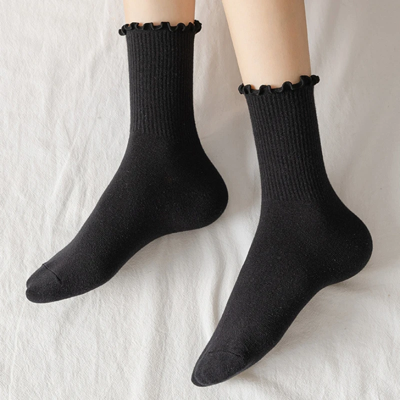 Ruffle Socks for Women 5pair /Lot Mid Crew Middles Tube Ankle High Breathable Black White Calcetines Female Spring Autumn Sock