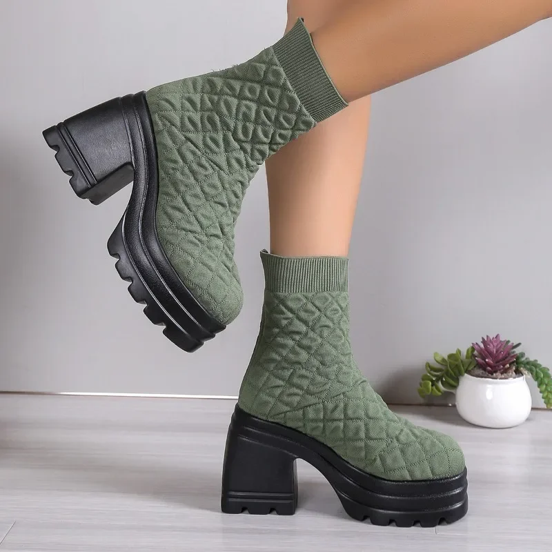

Elastic Cloth Boots Women's Shoes2023New Square Heel Women's High Heels Ankle-length Women's Solid Color Thick-soled Short Boots