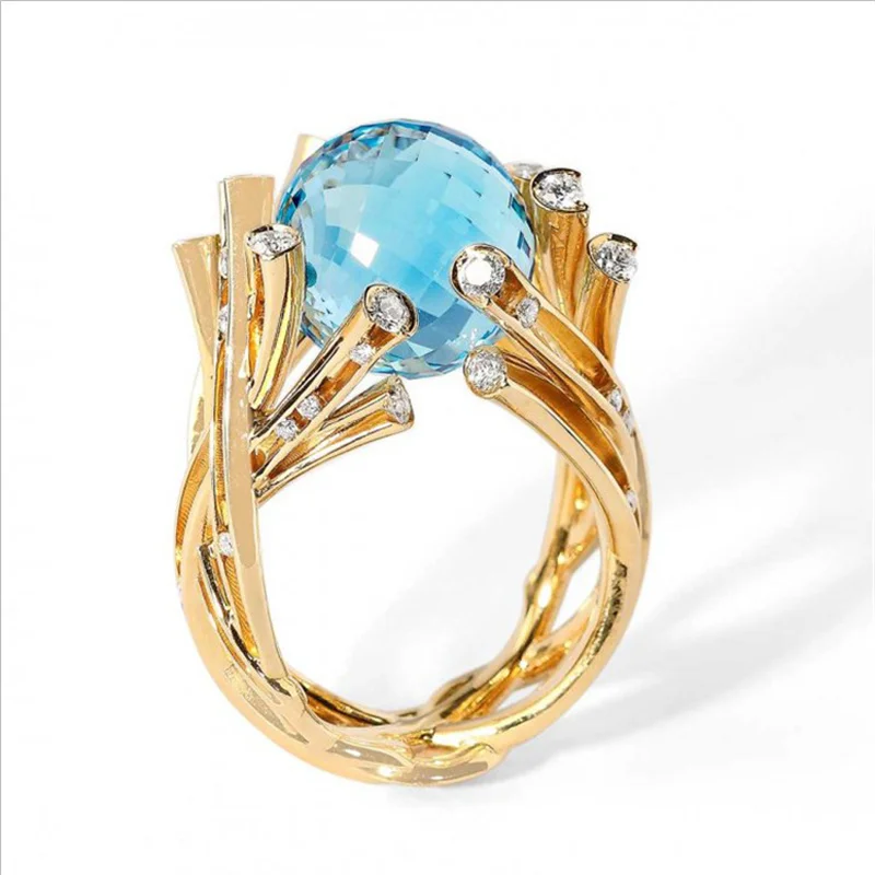 Europe and The United States New Women Blue Crystal Ball Branch Gem Ring Anniversary Banquet Holiday Jewelry Headwear Wholesale