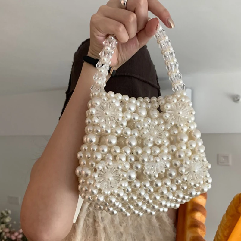 Fashion Daisy Pearl Bag Women's Casual Cutout Flower Beaded Handbag Woman Summer Cute Small Tote Female Lovely Purses 2023 New