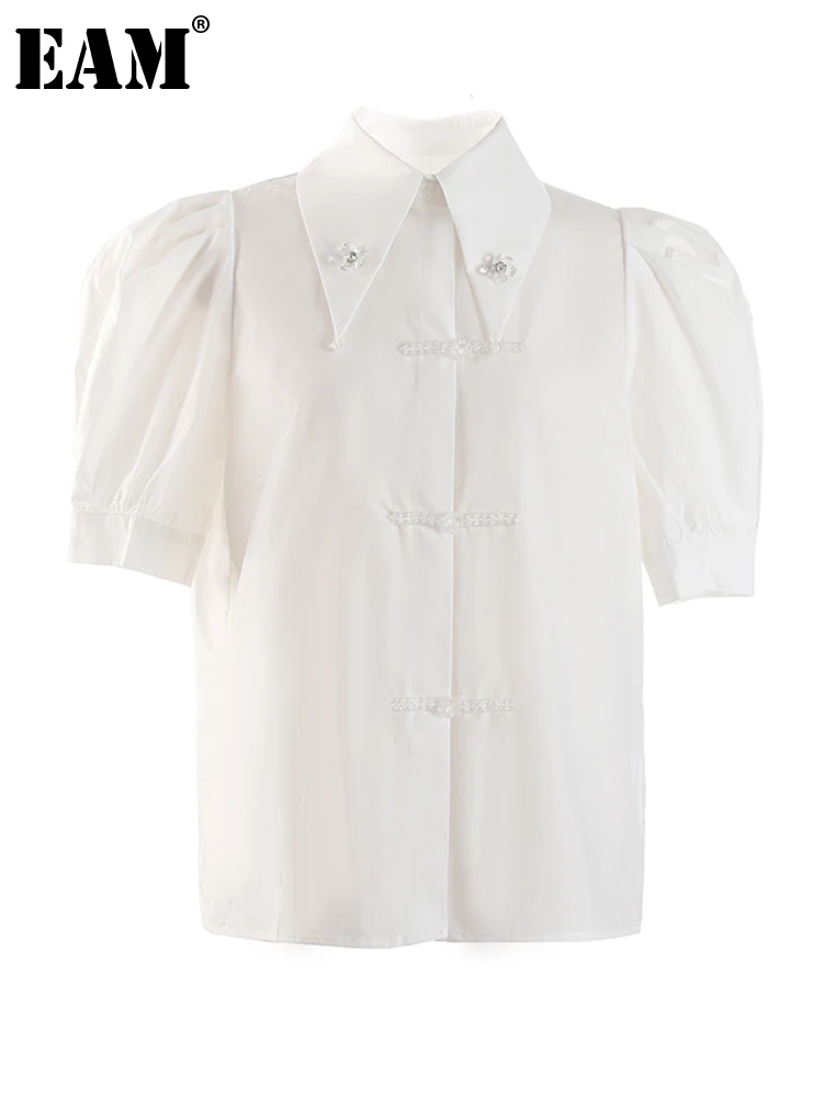 

[EAM] Women White Nailed Elegant Blouse New Lapel Short Puff Sleeve Loose Fit Shirt Fashion Tide Spring Summer 2022 1DE8685