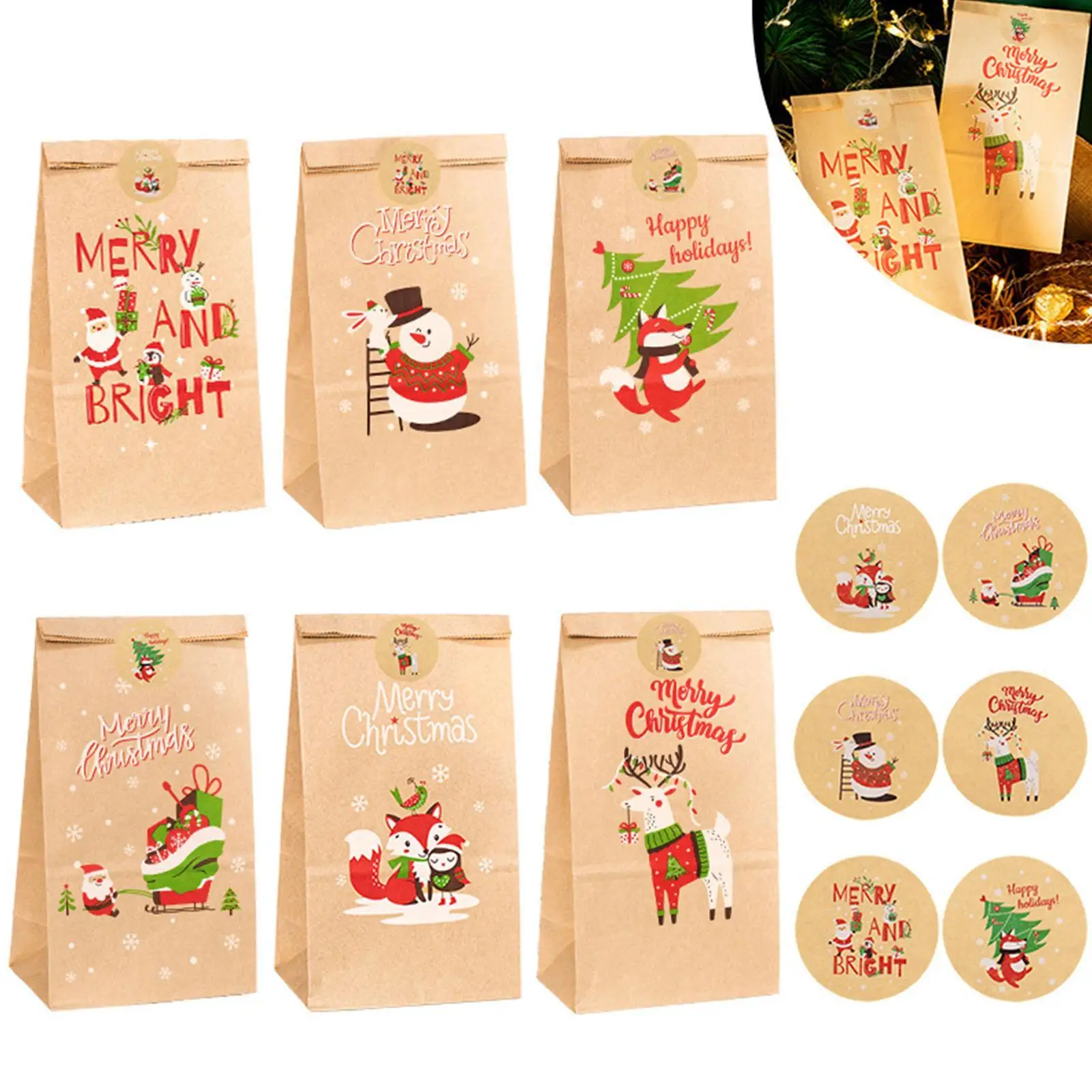 

24Sets Christmas Kraft Paper Bags Santa Claus Snowman Fox Holiday Xmas Party Favor Bag Candy Cookie Pouch Gift Wrapping Supplies