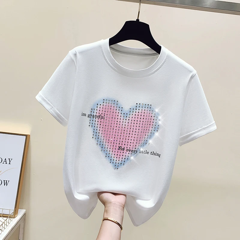 Summer Women Short Sleeve T-Shirt Women's Heavy Rhinestone Heart Printing White T-Shirt Slim O-Neck Tops 2022