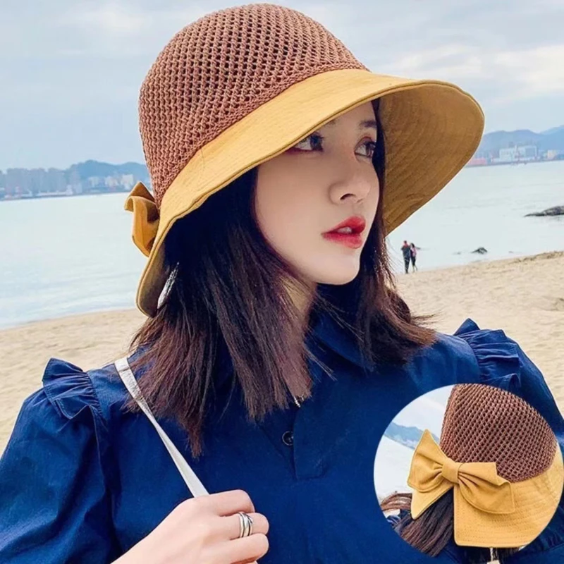 

Summer Women's Bucket Hat Foldable Basin Sunscreen Cap Bow Hollow Stitching Panama Hat Outdoor UV Protection Sun Hat