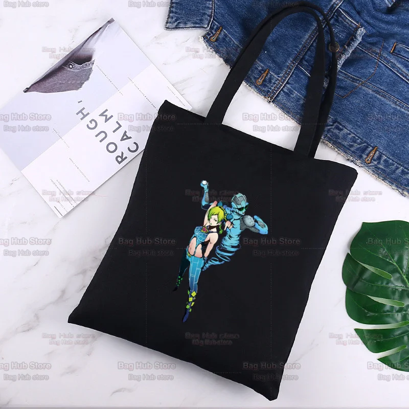 

JOLYNE CUJOH Jojo Bizzare Adventure Stone Ocean Harajuku Fashion Black Bags Canvas Tote Bag Reusable Handbag Shoulder Bags