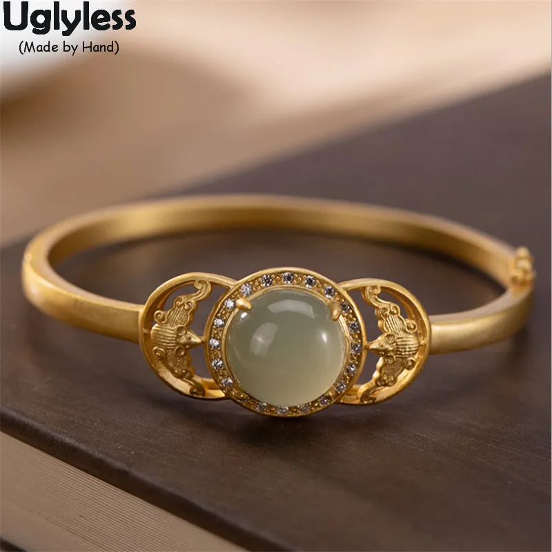 

Uglyless Ethnic Totem Bats Bangles for Women Opening Silver Bangles Solid 925 Silver Animals Jewelry Natural Jade Bracelets Gems