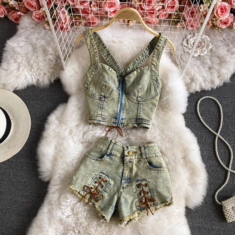 

2021 new Summer sexy cross backless short denim strap vest top + fashion Shirring shorts pants two piece set for women