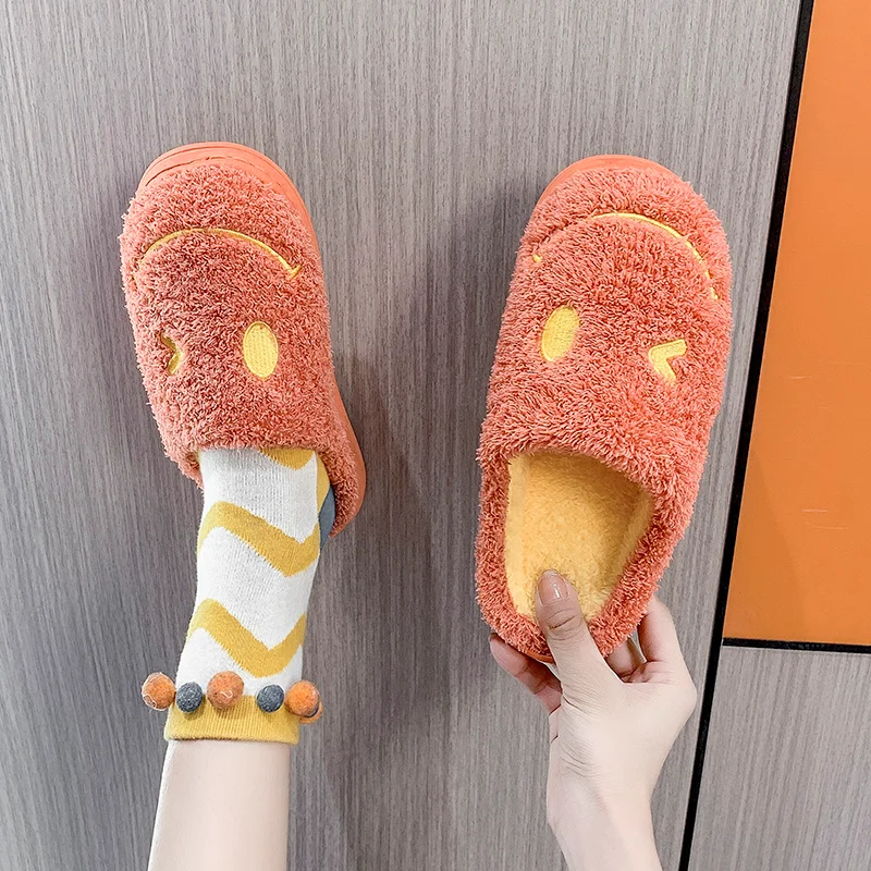 

Cute Smiley Couples Warm Home Indoor Shoes Women Plush Soft Non-slip Slippers Winter New Cotton Slippers Men Memory Foam Flats