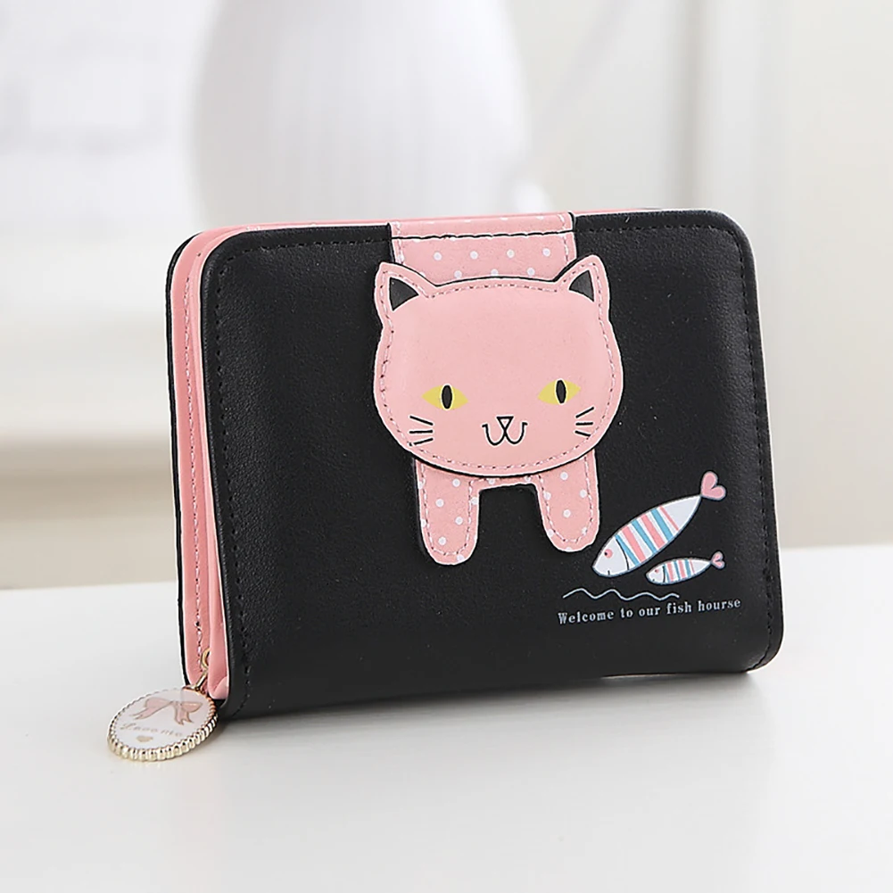 

Portable Zipper Closure Cute Cat Coin Money Card Cartoon PU Leather Gift Folding Hasp Short Women Wallet