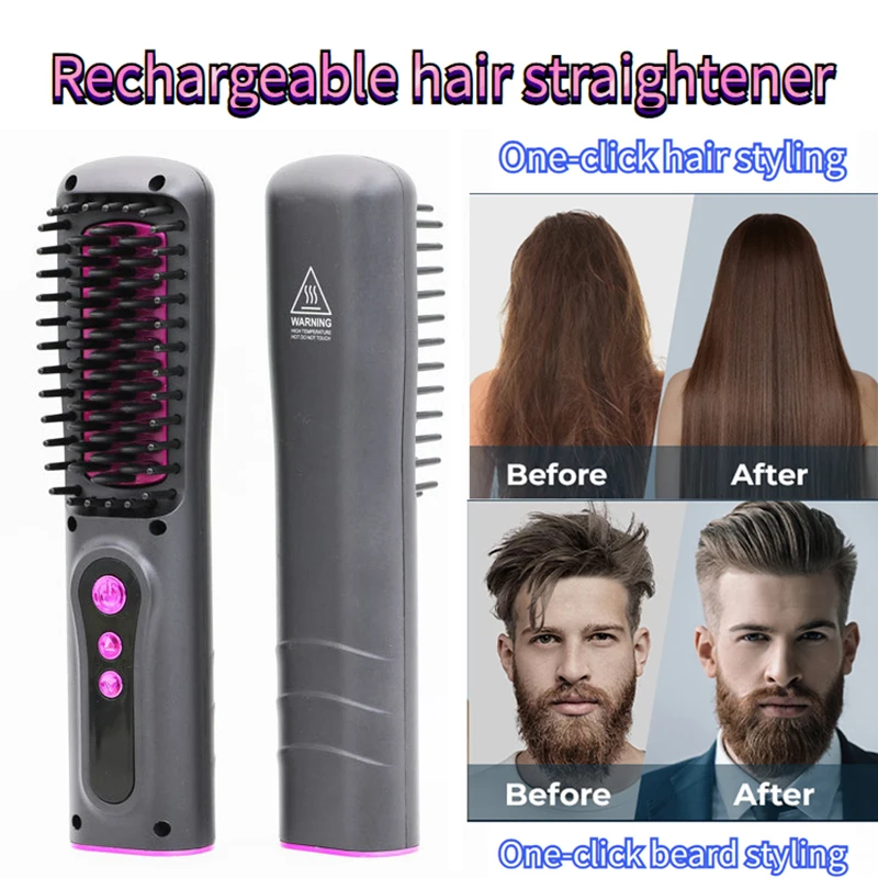 Wireless charging straight hair comb multifunctional cordless  charging straight hair brush beard negative ion hair straightener