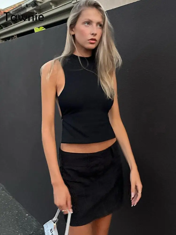 

Tawnie 2022 Summer Y2K Backless Bandage Crop Top Women O Neck Sleeveless Tank Tops Off Shoulder Sexy Cami Solid T-Shirts Outfits