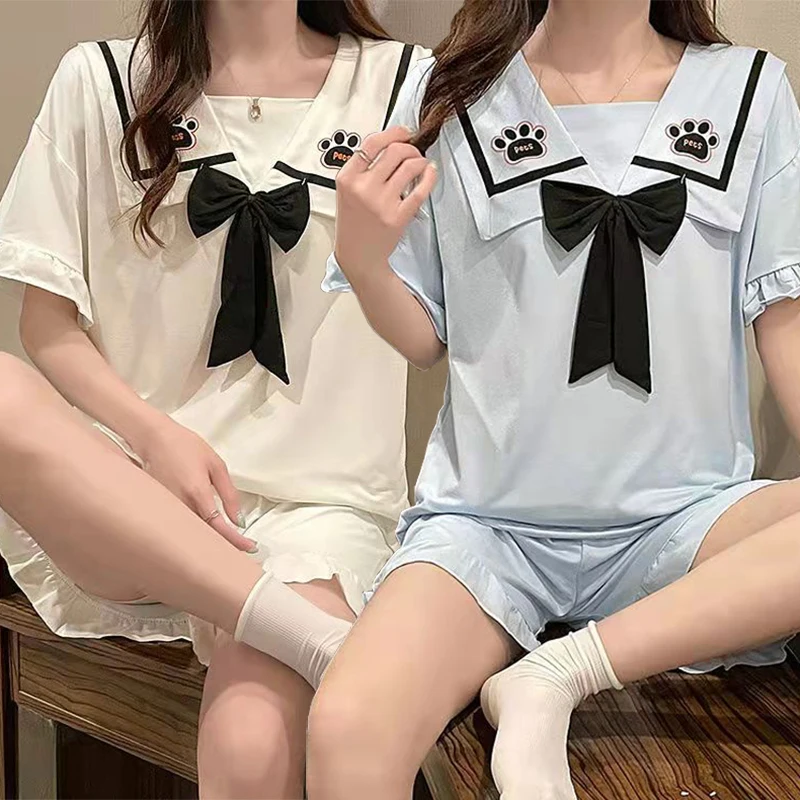

2022 New Summer Cute Bow Girl Short Sleeve Shorts Pajama Sets for Women Sleepwear Suit Pyjama Homewear Pijama Mujer Home Clothes