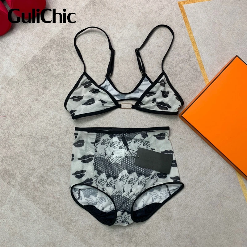 

7.15 GuliChic Women Sexy Thin Breathable Print Lace Spaghetti Strap Bra & Brief Sets