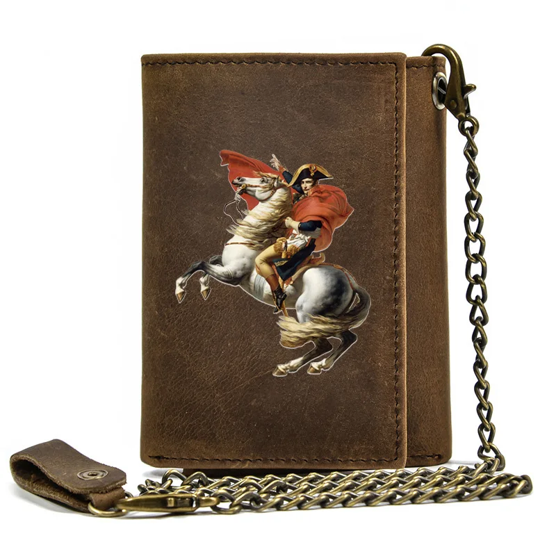 

High Quality Men Genuine Leather Wallet Anti Theft Hasp With Iron Chain Napoléon Bonaparte Cover Card Holder Rfid Short Purse
