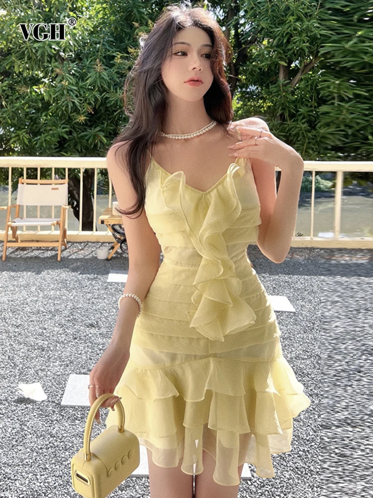 

VGH Sweet Solid Sling Dress For Women V Neck Sleeveless Patchwork Ruffle Trim High Waist Mini Dresses Female Summer Clothing New