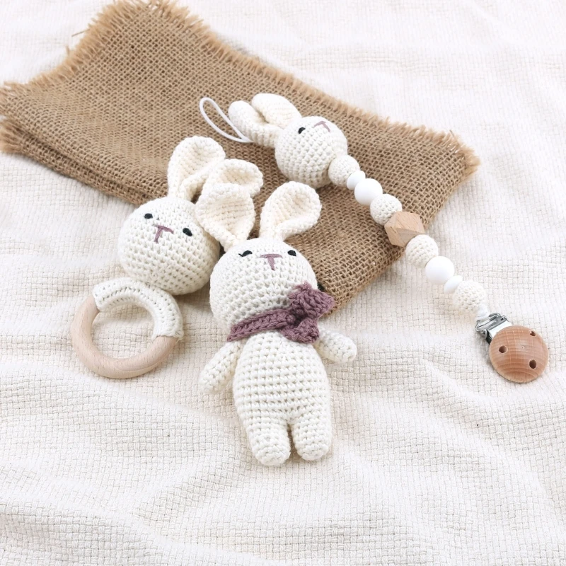 

Baby Pacifier Clip Crochet Rabbit Handbell Teething Rattle Dummy Chain Boy Girl Unisex Rattle Teether Infant Shower Gift