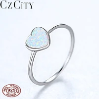 czcity romantic 7mm heart fire opal rings for women 925 sterling silver 3 colors chic thin circle engagement rings fine jewelry