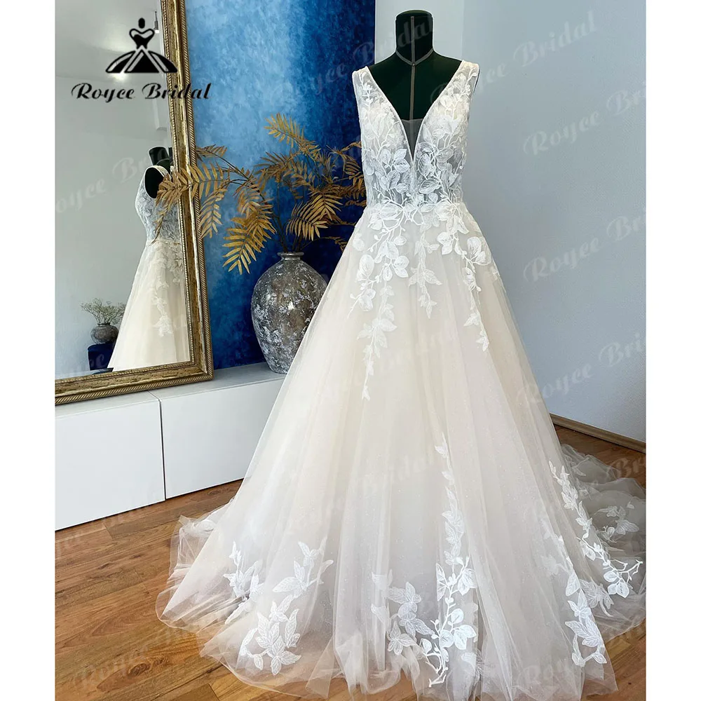 

hochzeitskleid Plunging V Neck Lace Floral Glitter Wedding Dress Backless 2023 Vintage Bridal Gown abito da sposa Roycebridal
