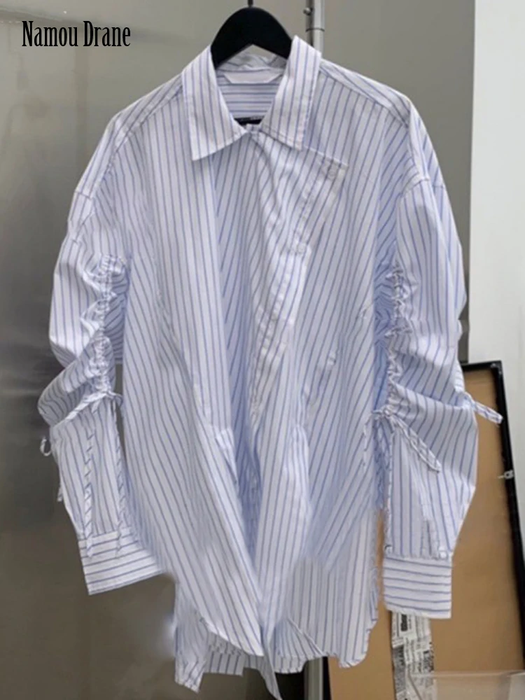 

Korean Version of 2022 Summer New Fashion Sweet Age-reducing Lapel Irregular Design Sense Niche Striped Long-sleeve Shirt