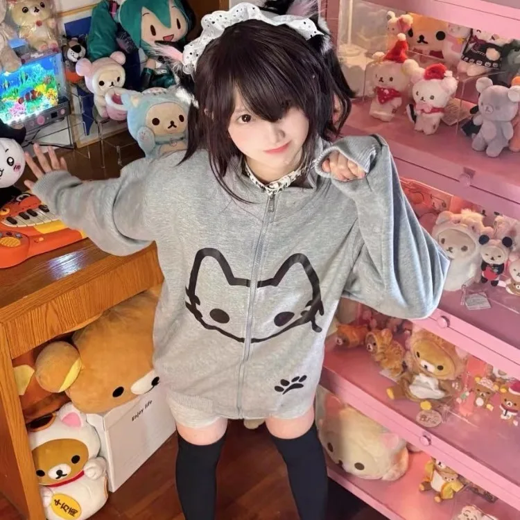 Harajuku Sweet Cute Cat Серые куртки с воротником-стойкой 2024 Осенний кардиган Пальто