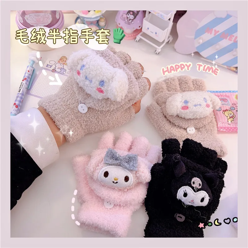 

Kawaii Sanrio Kuromi My Melody Cinnamoroll Fingerless Clamshell Warm Gloves Women Winter Anime Cute Girl Plush Knitted Gloves