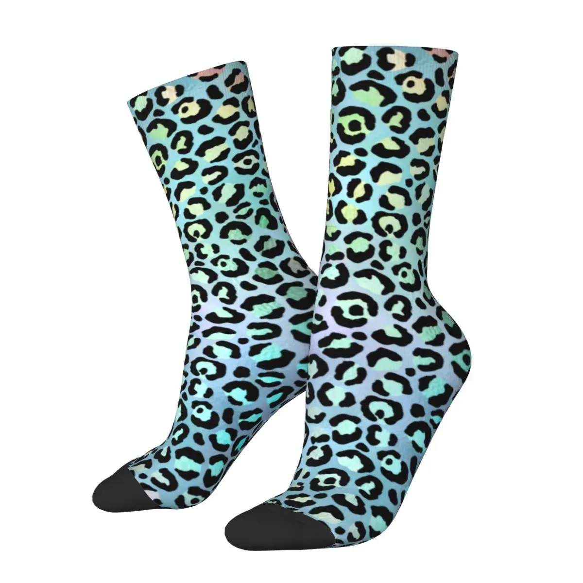 Носки радужные с леопардовым принтом, эластичные чулки средней длины с животным принтом, модные носки для подростков из большого химического волокна