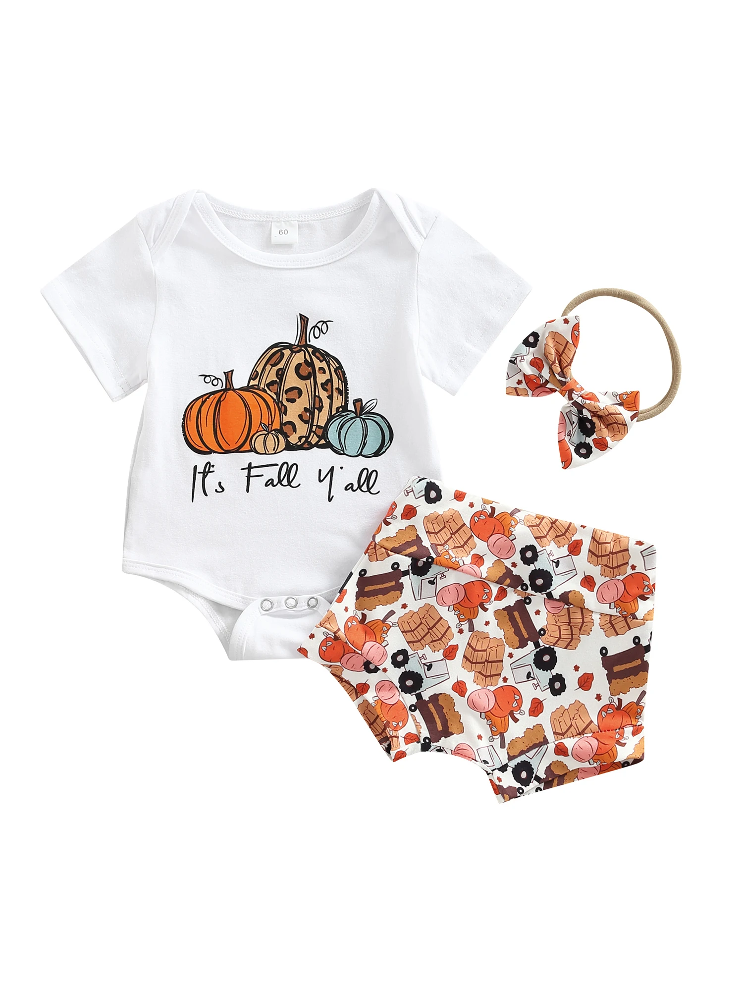 

3Pcs Halloween Baby Girl Clothes Set Halloween Pumpkin Letter Print Short Sleeve Romper Shorts Headband Outfit