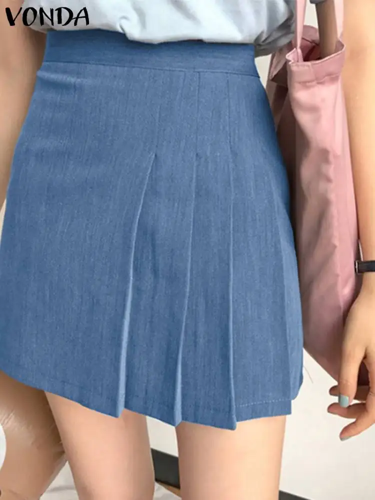 

VONDA 2022 Women Summer Street Mini Faldas Saia Femme Clothing Vintage Party Skirts Solid Casual A-Line Pleated Jupe Oversized