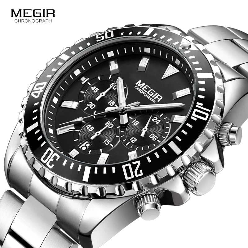 

Megir Man's Analogue Chronograph Quartz Watch with Stainless Steel Bracelete Luminous Wristwatch for Boys Calendar 24-Hour 2064G