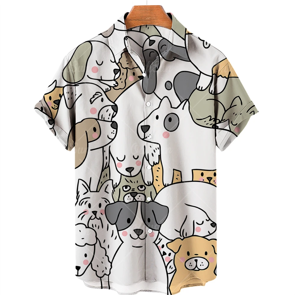 Cute Animal Print Shirt Men's Hawaiian Hip Hop Loose Short Sleeve Shirt Harajuku Oversized Casual