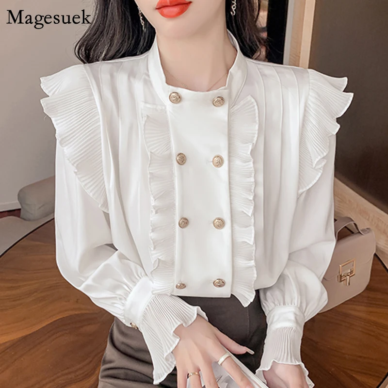 

Женская винтажная рубашка с оборками, элегантная свободная двубортная блузка с воротником-стойкой и рукавами-фонариками, свободные элеган...
