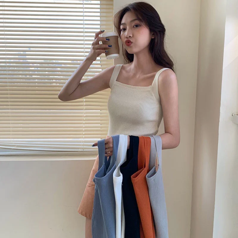 

Summer Silk Ice New Versatile Knitted Camisole Women's Outer Wear Inner Wear Korean Style Bottoming Shirt Short Slim Top
