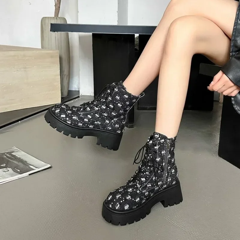 Hot Selling New Women's Boots Lace-up High Heel Shoes for Women Round Toe Square Modern Outdoor Dress Platform