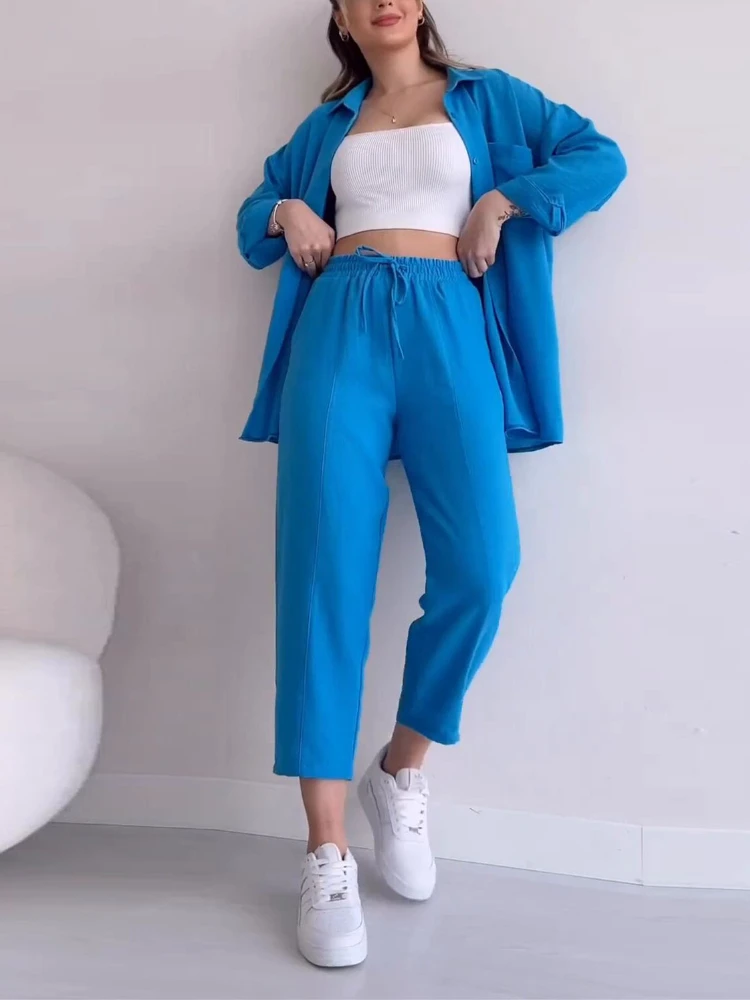 

Summer 2 Piece Sets Womens Outfits Vintage Large Long Sleeved Shirt High Waist Loose Pant Woman Two Piece Office Lady Streetwear