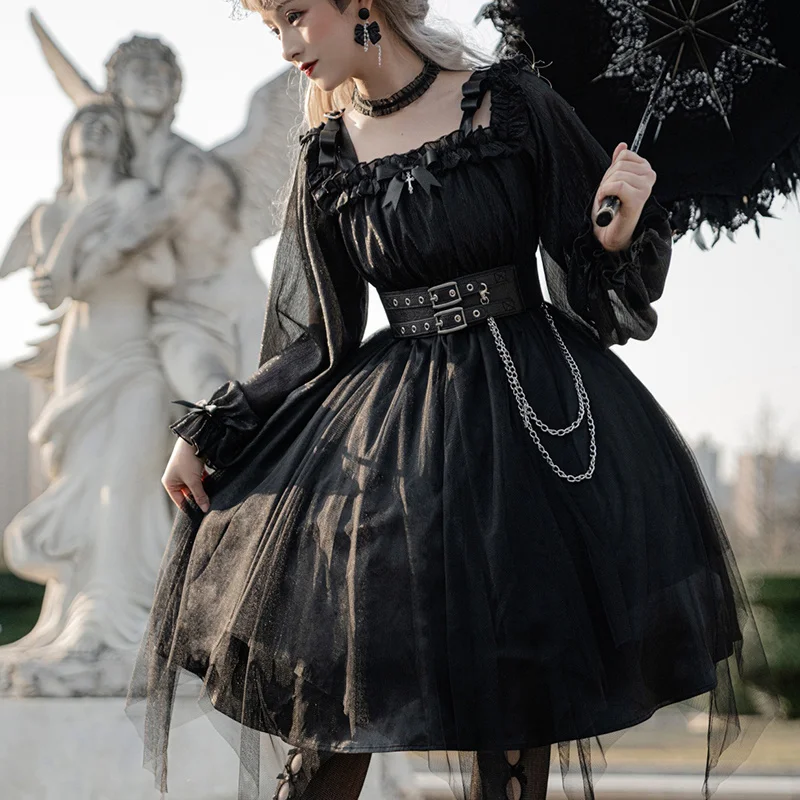 

Новая повседневная простая Готическая темная сетчатая шитая юбка капуста с рукавами-блумерами и линейным воротником полный комплект черна...