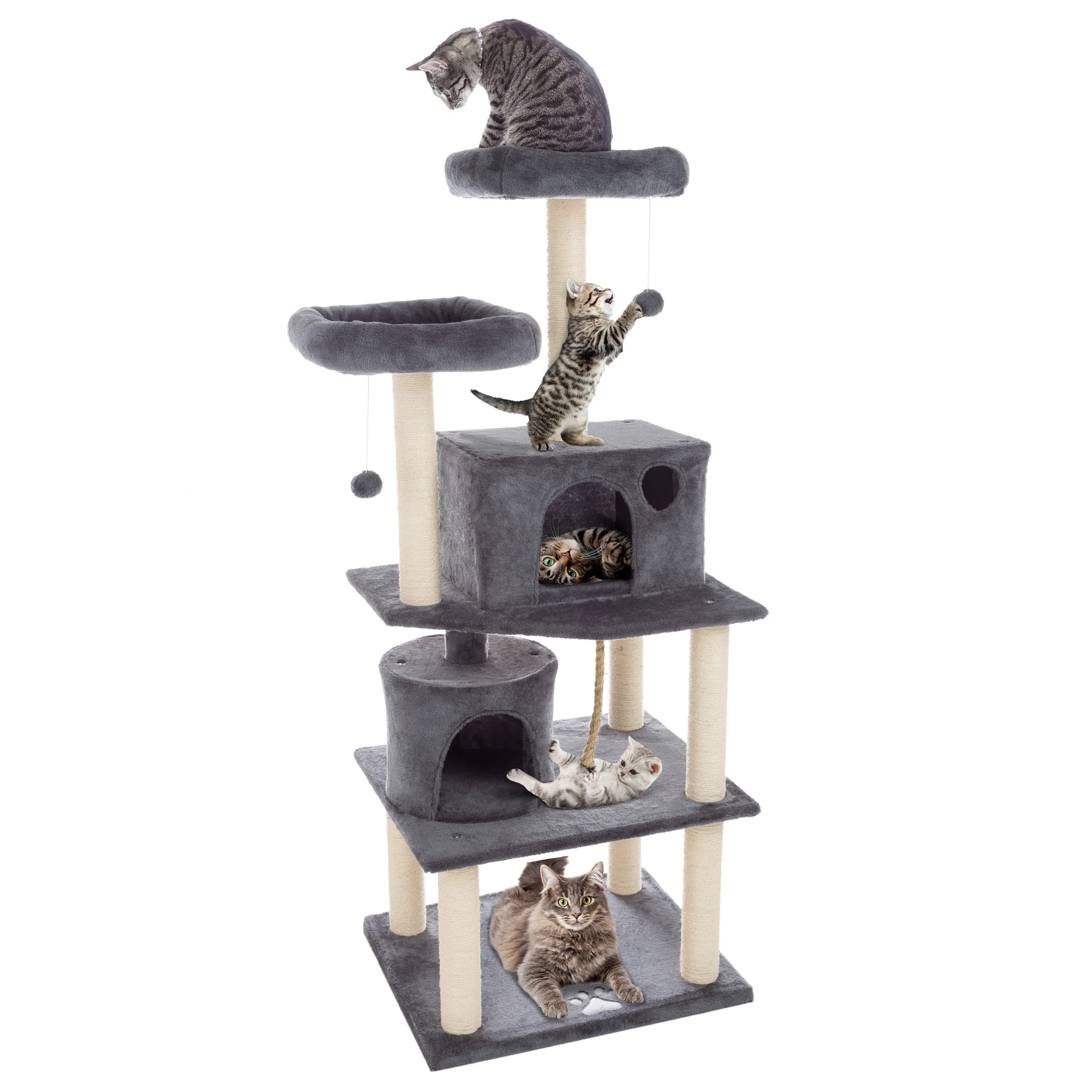 

5-Tier Ultimate Condo Tower- 8 Scratching Posts, 2 Padded Perches, 2 Kitty Huts, and 3 Hanging Toys for Multiple Cats by (Dark