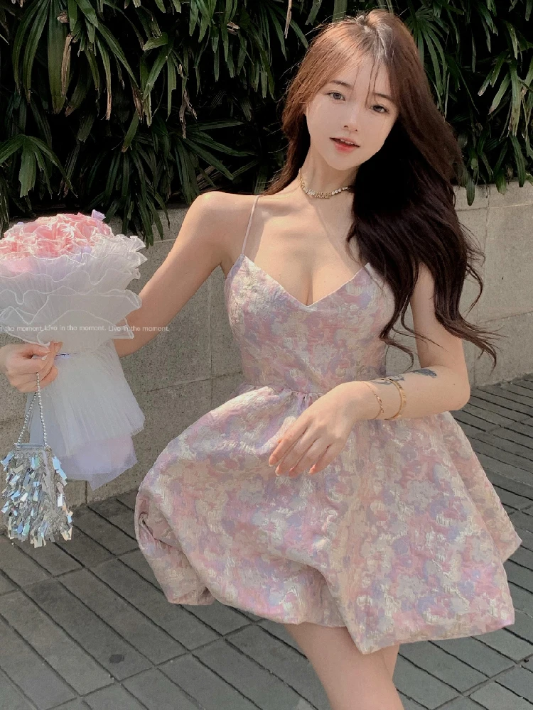 

Summer Sexy Temperament Hollow Out Lace Up Breathable Women Dresses Floral Printed Spaghetti Strap Sleeveless Babes Mini Dresses