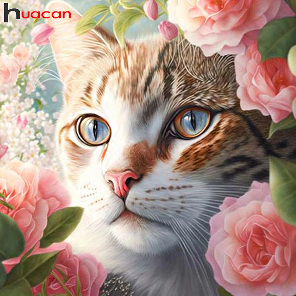 

Huacan мозаика алмазная полная кошка розы Квадрат/окружность декор для дома вышивка крестом животные цветы наклейки на стену
